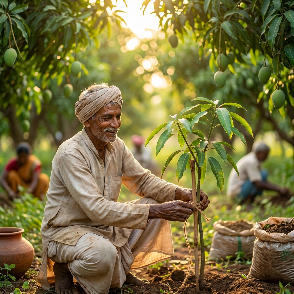 Farmer planting a tree in mango orchard